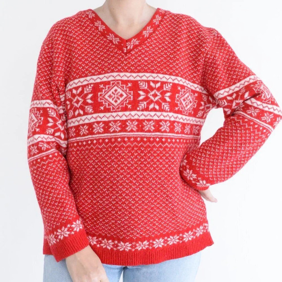 Vintage 90's Cherokee Red  & Cream Snowflake 30% Wool Knit V-Neck Sweater L - Picture 2 of 12